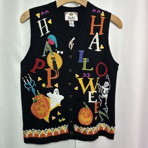 Tiara International Halloween Sweater Vest Size Medium Embroidered Pumpkin Ghost